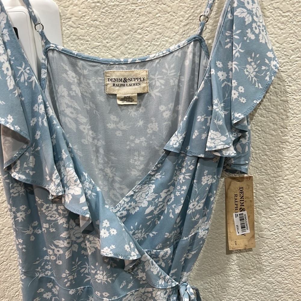 NWT. Ralph Lauren Junior Blue/White Floral Faux Wrap Dress